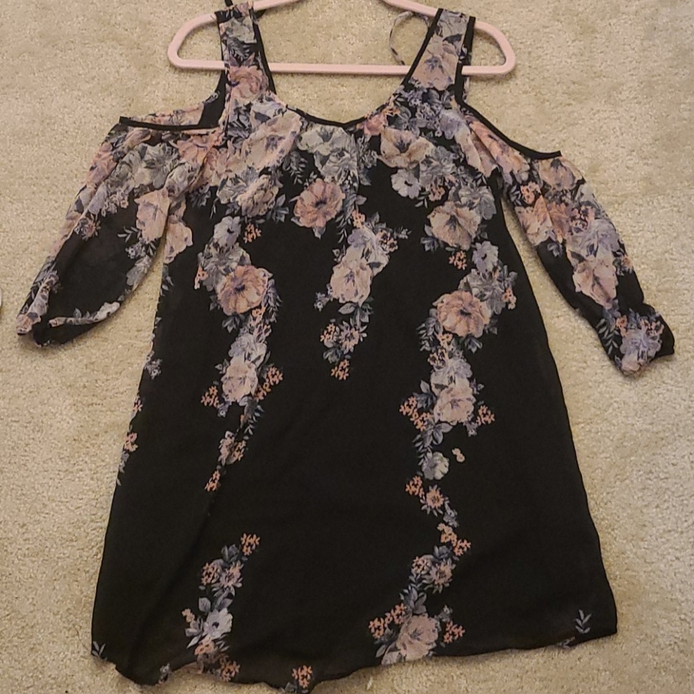 Black floral print mid length dress
